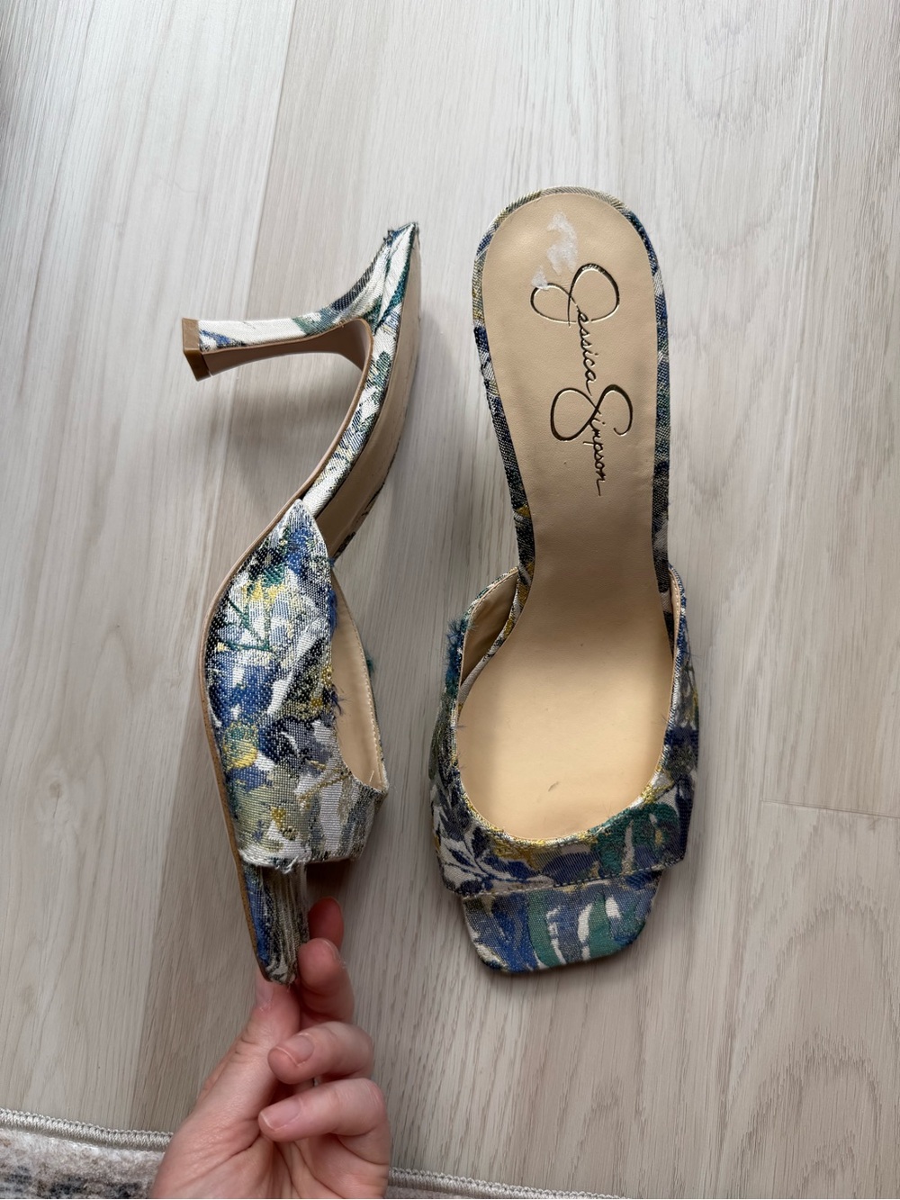 Jessica Simpson Floral Square-Toe Mule Heels in Blue and Green